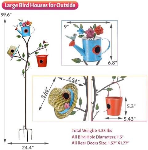 3-in-1 Metal Bird Houses for Outside with Pole, Colorful Birdhouse on Stake