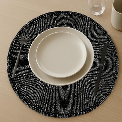 Beaded Round Placemats - Beaded Table Mats with Polyester Backing for Dining Table, Wedding, Christmas, Holiday, Party Decor - Handmade Glass Bead Charger 13" (Black) - ALPHA Living HOME (Pack of 2)