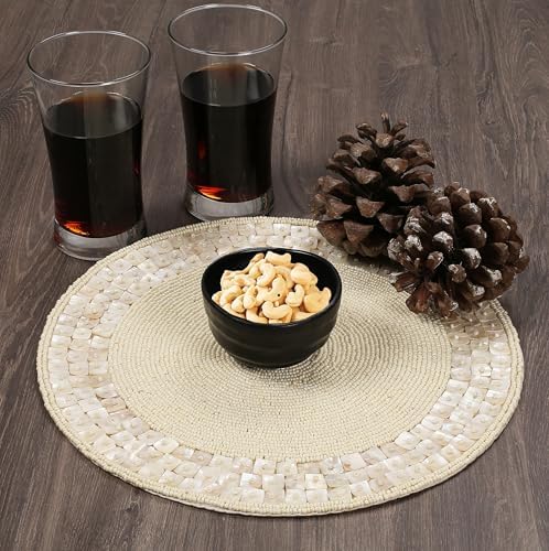 ALPHA Living HOME Ivory Beaded Placemat 13 Inch Round Glass Bead Dining Mat