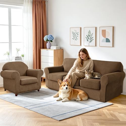 4 Pieces Stretch Couch Covers for 3 Cushion Sofa Cover Decorative Sofa Slipcover Non Slip Washable Thick Soft Elastic Furniture Protector for Pets,(Large, Coffee)