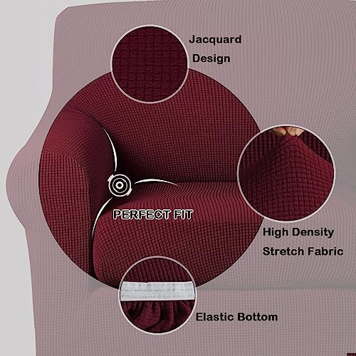 Turquoize Stretch Sofa Slipcover 2 Pieces Sofa Cover Couch Cover for 2 Cushion Couch Washable Furniture Protector Covers with Elastic Bottom Feature Thick Jacquard Fabric (Loveseat, Burgundy)