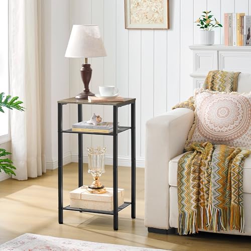 Hoctieon 2-Set 3 Tier End Table, Telephone Table Set of 2, Tall Side Table with Storage Set of 2, Small Nightstand for Small Spaces, Metal Frame, for Living Room, Bedroom, Sofa Couch, Hallway, Greige