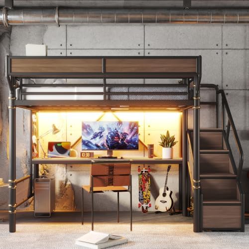 Bellemave Full Metal Loft Bed with Stairs and Desk for Kids,Adults,Black