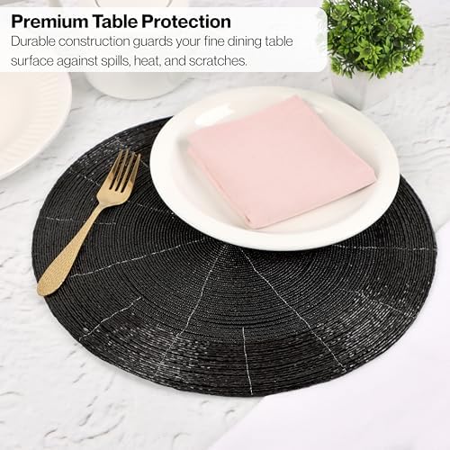 Round Beaded Placemats Set of 4 13 Inch Jet Black Handmade Glass Chargers