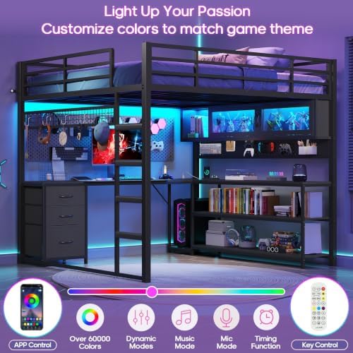 ADORNEVE Gaming Loft Bed Full Size with Desk, Arcylic RGB Hutch, Black