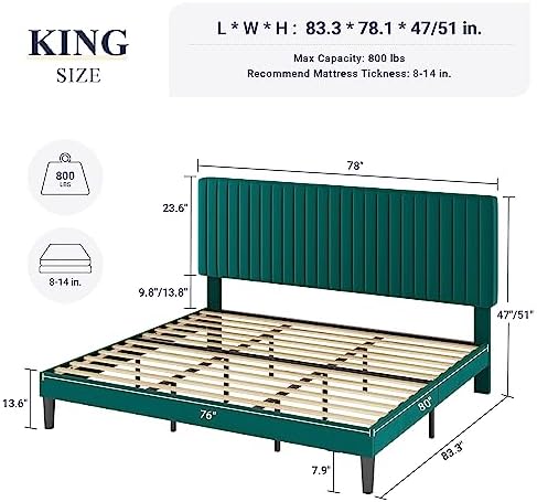 Allewie King Bed Frame, Velvet Upholstered Platform Bed with Adjustable Vertical Channel Tufted Headboard, Mattress Foundation with Strong Wooden Slats, Box Spring Optional, Easy Assembly, Teal