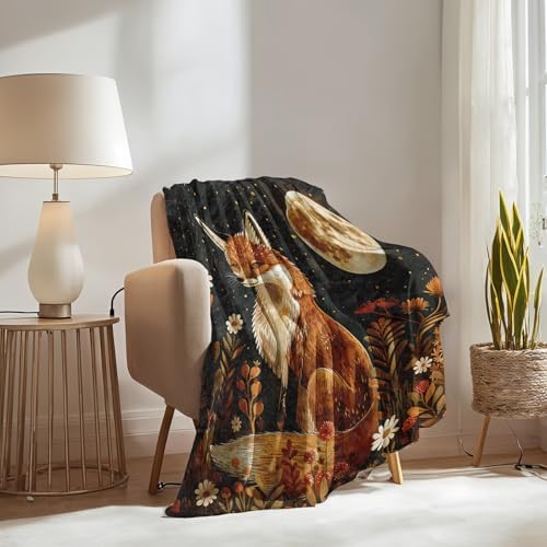 Fox Blanket Gifts for Boys Girls Kids, Autumn Forest Fox and Full Moon Warm Soft Flannel Throw Blankets for Travel, Sofa, Room, Bedroom Birthday Christmas Spring Decor, 40x50 in