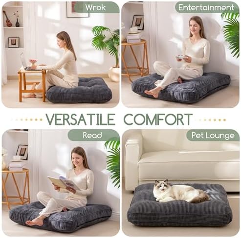 HIGOGOGO 35" Floor Pillow Cushion for Adults, Meditation Cushion Pillow, Extra Large Square Floor Sitting, Tufted Corduroy Cover for Tatami Living Room or Yoga, Dark Grey
