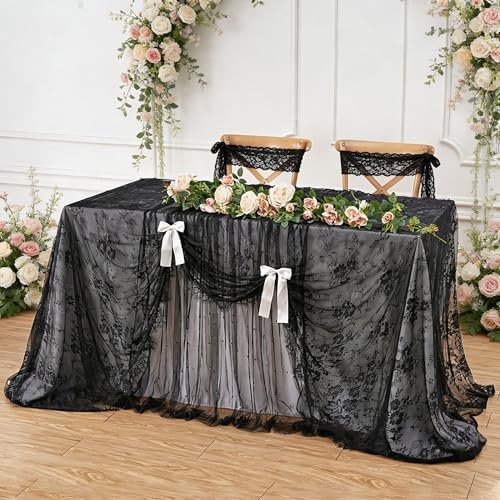 Black Tablecloth Lace Table Fabric 2pcs 60x120 Inch for Scary Movies