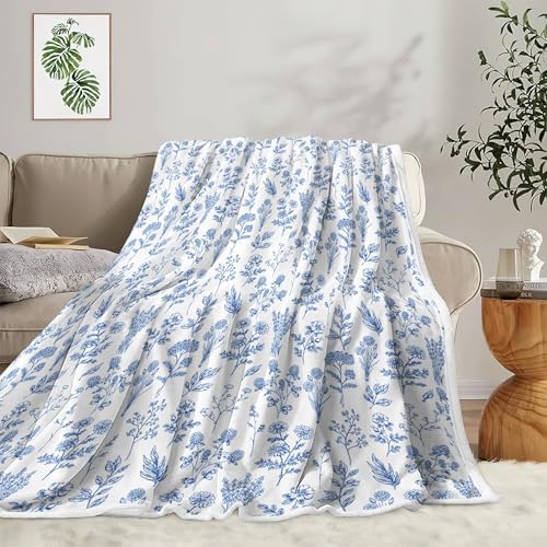 Floral Fuzzy Blanket Blue Floral Throw Blanket, Botanical Flowers Blankets, Soft, Flannel, Warm, Boho Flowers Bed Blankets All Season for Couch Bedroom Living Room 50X60 Inch