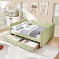 Full Size Daybed with Storage Drawers, Linen Gingham Daybed with USB Ports & Wave Shaped, Upholstered Day Bed Frame, Modern Sofa Bed for Living Room/Bedroom/Guest Room, No Box Spring Needed, Green