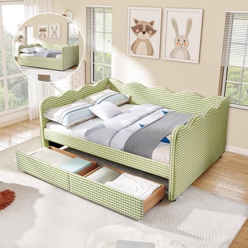 Full Size Daybed with Storage Drawers, Linen Gingham Daybed with USB Ports & Wave Shaped, Upholstered Day Bed Frame, Modern Sofa Bed for Living Room/Bedroom/Guest Room, No Box Spring Needed, Green