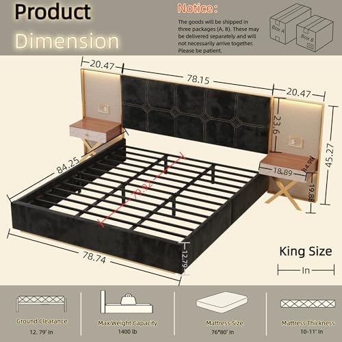 KEIKI King Upholstered Bed Frame with Floating Nightstands & Reading Lights