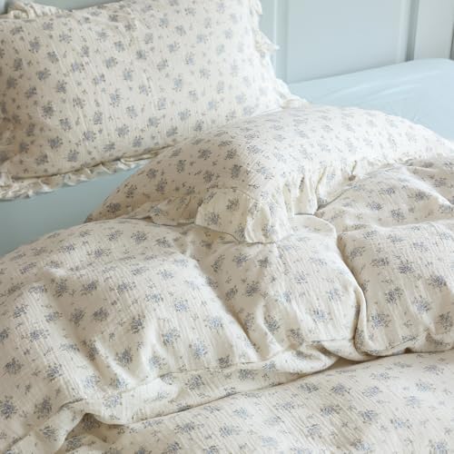 BuLuTu Muslin Cotton Ruffles Duvet Cover Set Twin, Chic Shabby Toddler Kids Twin Bedding Set - Blue Floral Comforter Cover 68"x86"+ 2 Pillowcases, Fressia Pattern, Zipper Closure, 4 Ties