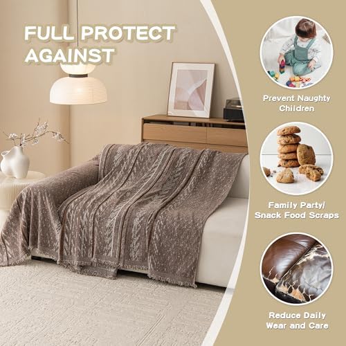 MEETSKY Boho Couch Covers for Sofa, Couch Covers for Dogs, Modern Sofa Slipcover for Sectional Sofa Covers Washable, Chenille Blend Thick Fabric Couch Blanket Cover for Living Room, 71" x 118", Sand