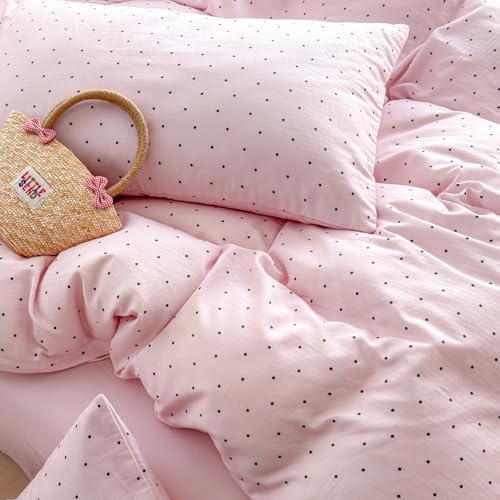 LifeTB Pink Duvet Cover Set Full Size, 100% Muslin Cotton Polka Dot Duvet Cover with 2 Pillowcases, Breathable Soft All Seasons Gauze Comforter Cover, Aesthetic Coquette Bedding Set for Girls
