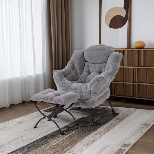 Welnow Lazy Chair with Ottoman, Reading Chair with Footrest, Grey