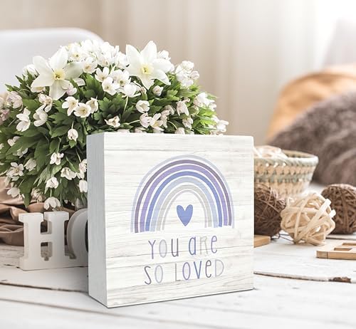 SRADMO You Are So Loved Rainbow Heart Wood Box Sign, Kids Inspirational Quotes Wooden Block Box Sign Decor for Kids Room, Nursery, Playroom Shelf, Table Decorative Accessories
