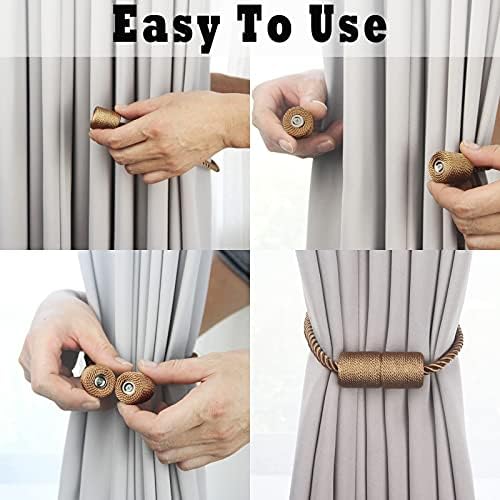 4 Pack Strong Magnetic Curtain Tiebacks Outdoor Elegant Decorative Tie Backs Modern Rope Tiebacks for Drapes Window Curtain Holdbacks for Draperies- Khaki