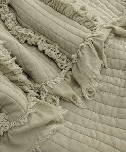 Ultra Soft Pre-Washed Quilted Throw Blanket, Ruffle Fringed Army Green Decorative Throw, Stone Washed Chic Rustic Blanket for Sofa Couch Bed, 50"x 60"