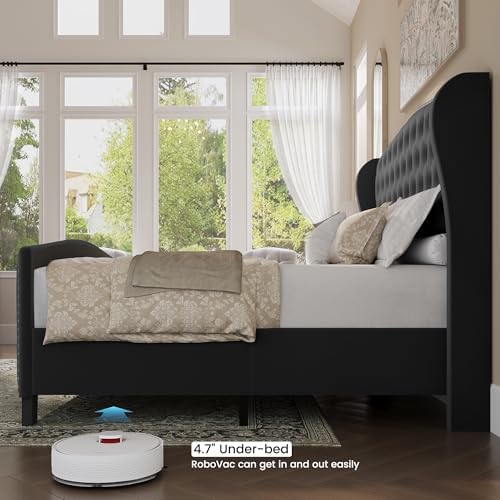 BRELTAM Upholstered Queen Size Bed Frame Velvet Tufted Platform Bed Frame with Wingback Headboard & Footboard, with Deep Button Tufted & Nailhead Wooden Slats Support, No Box Spring Needed,Grey