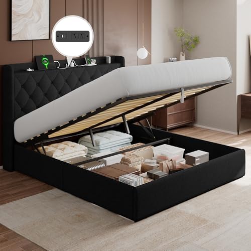 GalnFu Queen Size Bed Frame with Storage, Upholstered Queen Lift up Storage Bed Frame with Charging Station, Button Tufted Headboard, No Box Spring Needed, Easy Assembly, Noise Free, Black