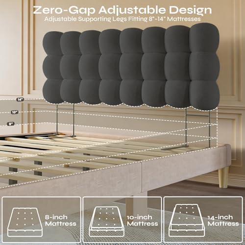 Pinmoco Queen Upholstered Headboard with Adjustable Height, Ergonomic Design, Memory Foam Cloud-Shaped, Teddy Fleece, Grey