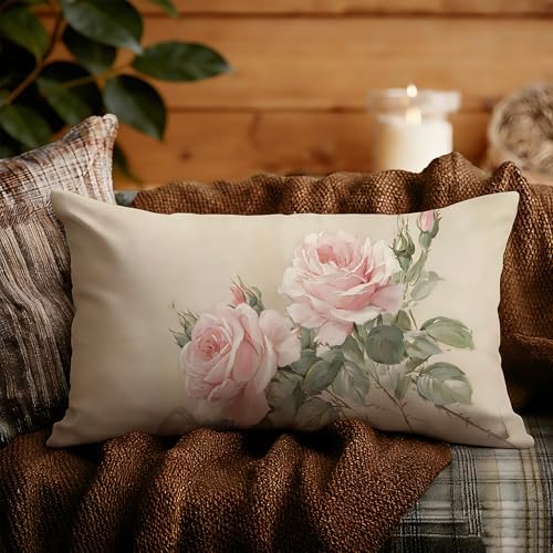 French Country Pink Rose Floral Pillow Cover 12x20 Double-Sided, Vintage Pink Flower Decorative Lumbar Throw Pillow Cover for Home Bedroom Living Room