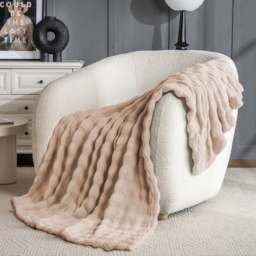 Brown Faux Fur Throw Blanket for Couch, Soft Fluffy Bubble Blanket for Bed Sofa, Thick Warm Plush Fuzzy Rabbit Fur Blanket for Neutral Home Decor, 50"X 60"