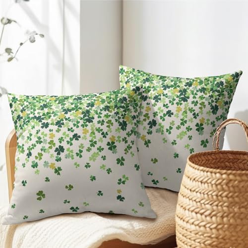 St. Patrick's Day Pillowcase 16x16 Inch 2 Pack Shamrocks Lucky Clover Throw Pillow Covers Saint Patrick Day Spring Cotton-Linen Square Cushion Cases Holiday Themed Gifts for Home Couch Bedroom