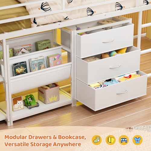 JOYMOR Low Loft Bed Twin Size with 3 Storage Drawers, 2 Tier Storage Shelves, 2 Tier Bookcase and LED Lights, Metal Kids Loft Bed with Safety Guardrail, Spave Saving Design (White)