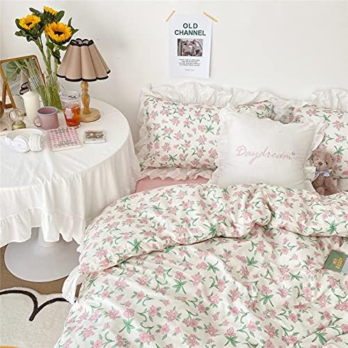 Pink Flower Duvet Cover Set,100% Cotton,Queen(90"x90"),White Ruffled
