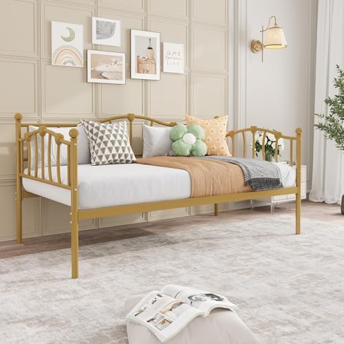 Twin Daybed with Trundle, Metal Sofa Bed Frame with Steel Slat Support, Twin Size Space-Saving Multifunctional Furniture for Living Room, Bedroom, Love Heart Design, No Box Spring Needed, Gold