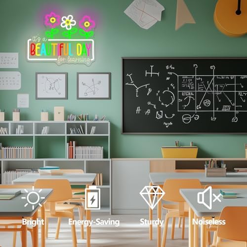 It's a Beautiful Day for Learning Neon Sign for Classroom Dimmable Flowers Neon Classroom Sign Inspirational Kids Learning Light Up Sign Reading Corner Decor