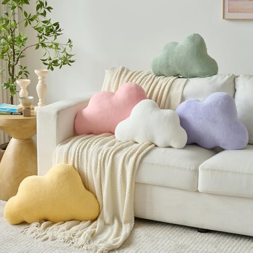 Cloud Pillows, Decorative Throw Pillow with Soft Plush for Couch Bed, Cloud Shaped Pillow Room Decor with Fluffy Faux Rabbit Fur for Living Room Bedroom (Yellow, 14.5x22.4 Inches)