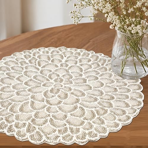 ALPHA Living HOME Beaded Placemats 13 Inch Ivory White Handmade Table Mats