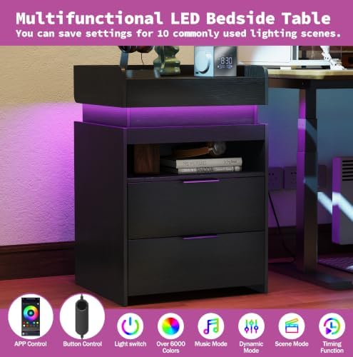 Baoz 28" Tall Modern Nightstand with Charging Station & LED Lights, Black