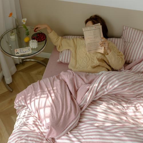 AOJIM Jersey Knit Reversible Duvet Cover Twin XL 3Pcs Soft Striped Bedding