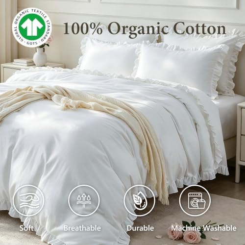 Simple&Opulence Kids 100% Organic Cotton Duvet Cover with Ruffle 68 x 86-2 PCS High End Floral Frill Lace Bedding, Romantic Cottagecore Style Comforter Cover with 1 Pillowcase, White Twin