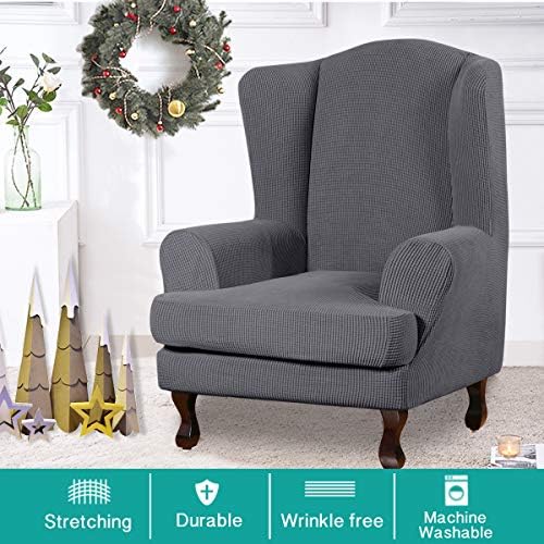Turquoize Wingback Chair Covers 2 Piece Wing Chair Slipcover Stretch Slipcovers for Wingback Chairs Wing Chair Cover Spandex Jacquard Fabric with Elastic Bottom Non-Slip Furniture Cover, Charcoal Gray