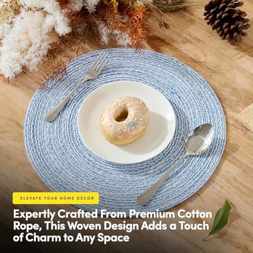 Round Placemats Set of 6-100% Cotton Two-Tone Placemat for Dining Table - Woven Braided Table Setting Place Mat - Washable Table Decor for Kitchen, Farmhouse, Rustic, Everyday Use, Dark Blue