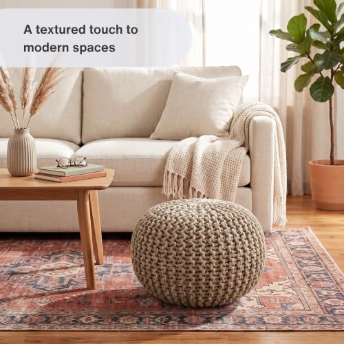 · REDEARTH · Round Pouf Ottoman - Hand Knitted Boho Poof - Beige Ivory