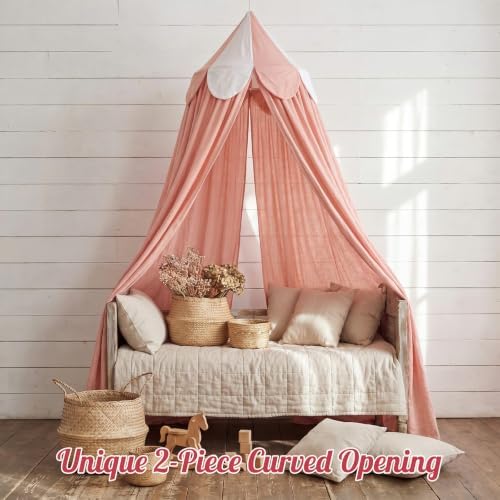 Bed Canopy with Scalloped Edge, 2 Panel Striped, Pink