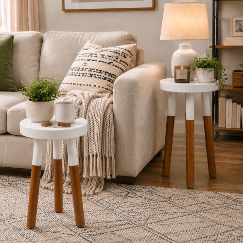 LitaEther Modern Side Table Set of 2, Solid Wood Accent Table,12" D x 12" W x 20" H & 12" D x 12" W x 18" H Small End Table for Living Room Bedroom, Plant Stand, Bathroom Stool, Pedestal Drink Table