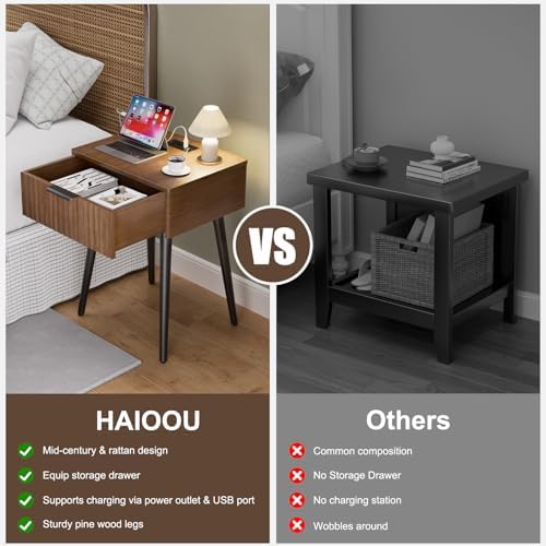 HAIOOU Fluted Mid Century Modern Nightstands Set of 2 with Charging Station