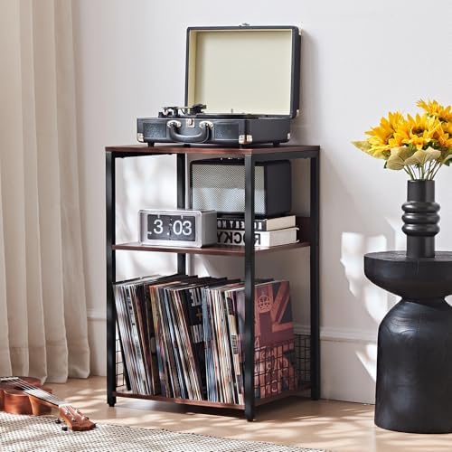 LELELINKY Walnut Oak 18" Wide End Table,3 Tier Large Record Player Stand with Storage Up to 130 Albums,Modern Turntable Stand, Records Vinyl Shelf for Living Room, Bedroom, Printer Desk for Home Office