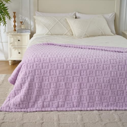Lavender Plush Throw Blanket 50 x 60 Inch, Soft Fuzzy Fleece Blanket with Purple Bow, Cozy Decorative Blanket for Couch, Sofa, Bed and Bedroom