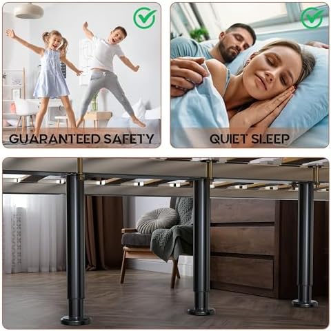 6Pcs Bed Frame Support Leg, Adjustable Height 5.8"-9", Extra Sturdy Steel Bed Frame Support Legs with Wider Rubber Base, More Stable/Quieter, Bed Slat Reinforcement Kit for King/Queen Bed