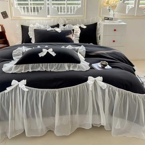 SOUKECHY Girls Lace Bedding,Queen Comforter Cover Set, Chic Ruffled Duvet Cover with Lovely Bow,Princess Style 1 Duvet Cover with 2 Pillowcases, No Comforter-Black,Full Size