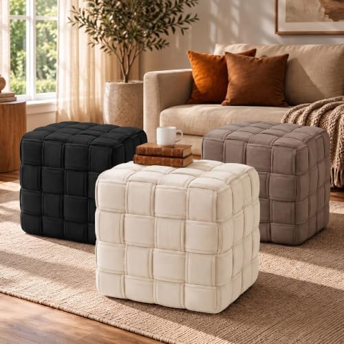 Sweet Home Collection Square Velvet Basketweave Pouf Ottoman, 17" x 17" x 17" – Rigid EPS Foam Filled Footrest, Ottoman & Accent Chair for Living Room, Bedroom & Nursery, Sand Beige